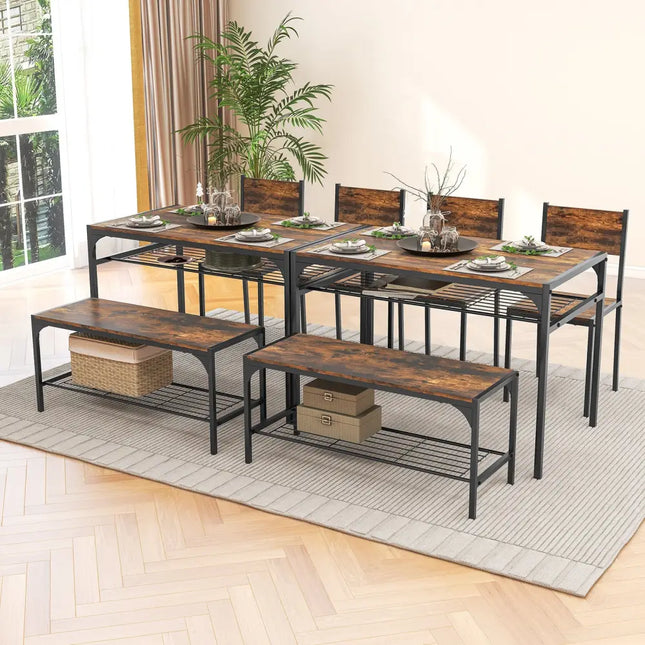 Industrial Style Rectangular Kitchen Table with Bench and Chairs-Rustic Brown - Rustic Brown - Dining Room Sets