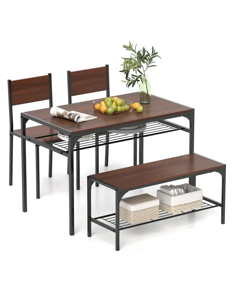 Industrial Style Rectangular Kitchen Table with Bench and Chairs-Walnut - Walnut - Dining Room Sets