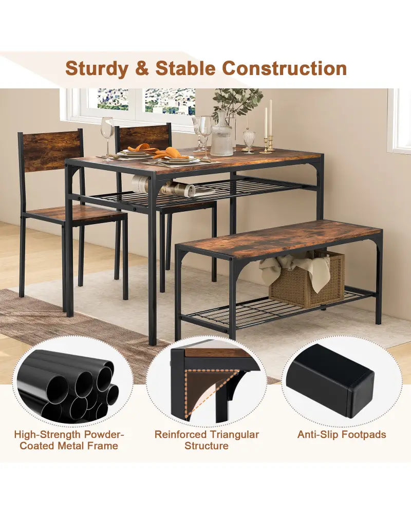 Industrial Style Rectangular Kitchen Table with Bench and Chairs-Rustic Brown - Rustic Brown - Dining Room Sets