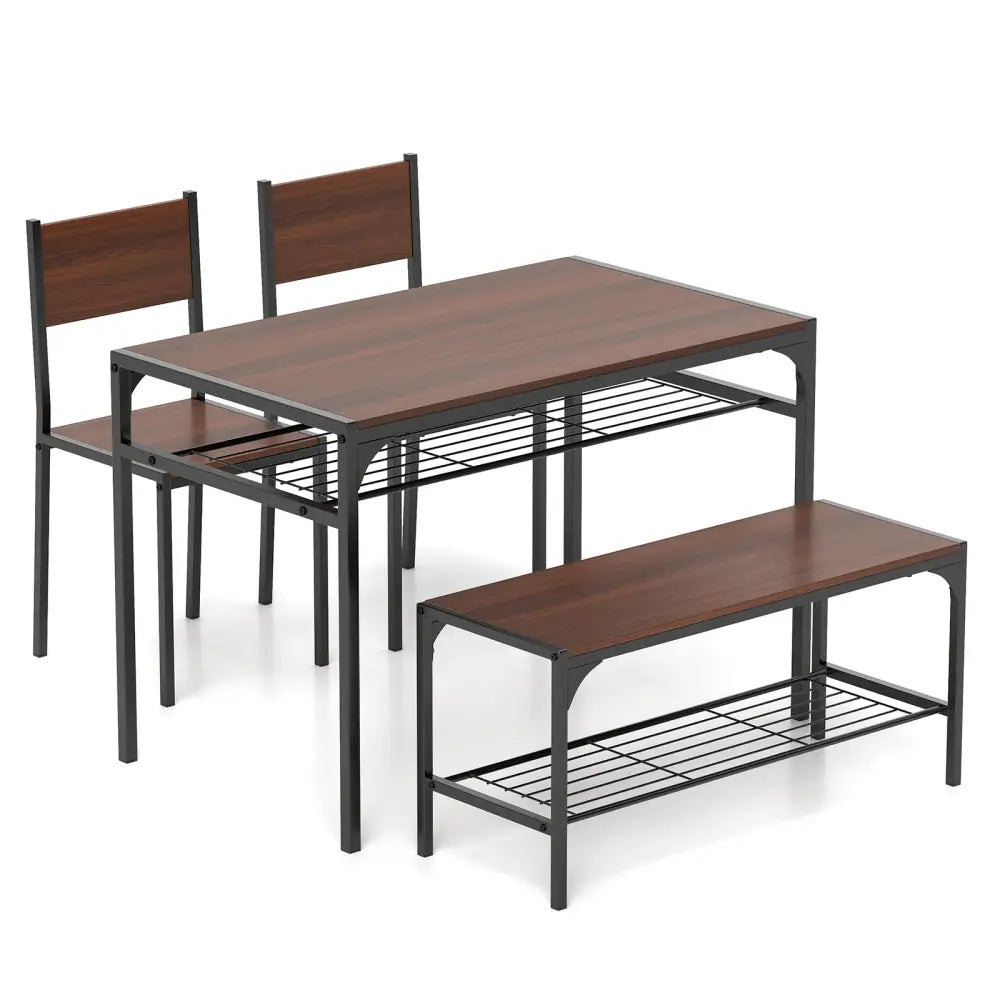Industrial Style Rectangular Kitchen Table with Bench and Chairs-Walnut - Walnut - Dining Room Sets