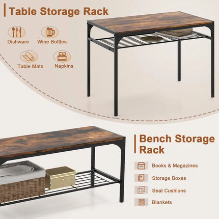 Industrial Style Rectangular Kitchen Table with Bench and Chairs-Rustic Brown - Rustic Brown - Dining Room Sets