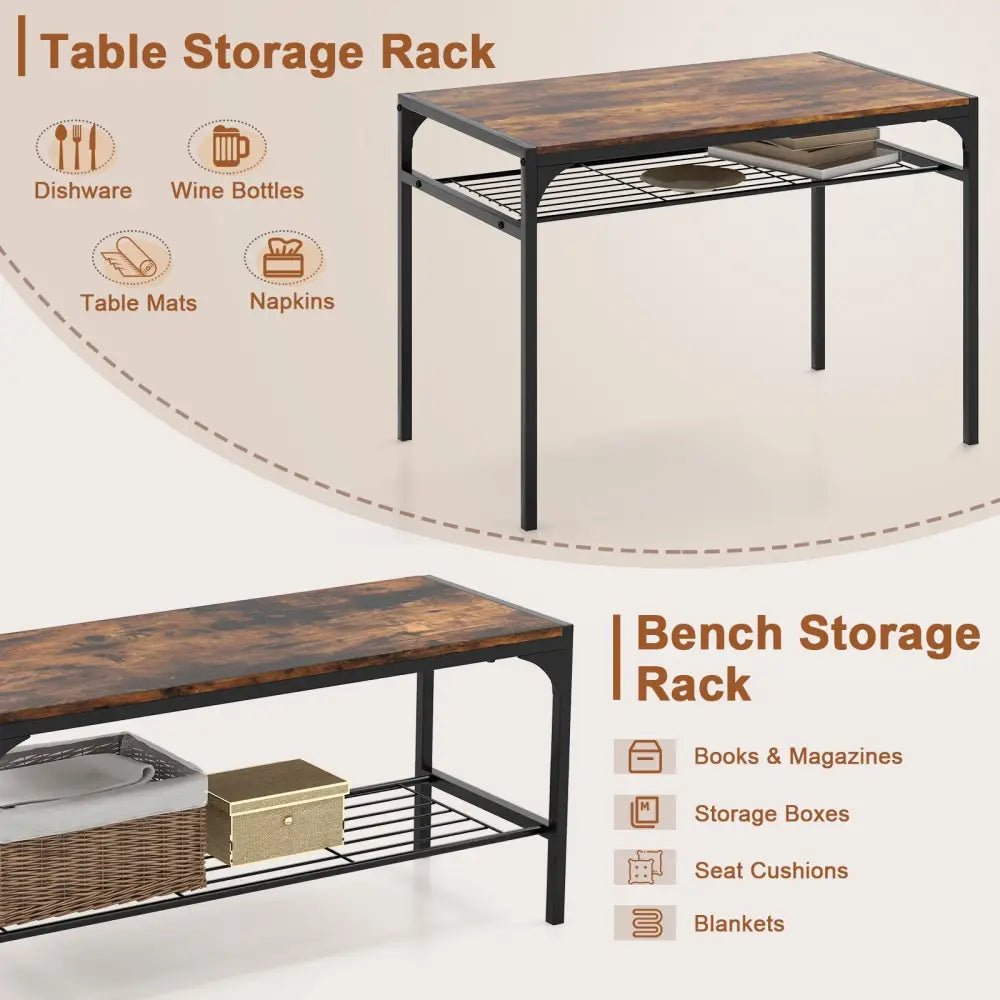 Industrial Style Rectangular Kitchen Table with Bench and Chairs-Rustic Brown - Rustic Brown - Dining Room Sets