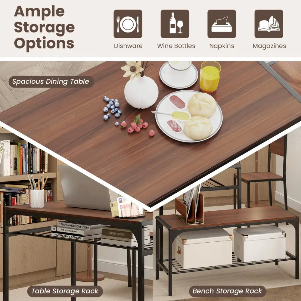 Industrial Style Rectangular Kitchen Table with Bench and Chairs-Walnut - Walnut - Dining Room Sets