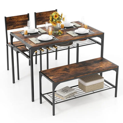 Industrial Style Rectangular Kitchen Table with Bench and Chairs-Rustic Brown - Rustic Brown - Dining Room Sets