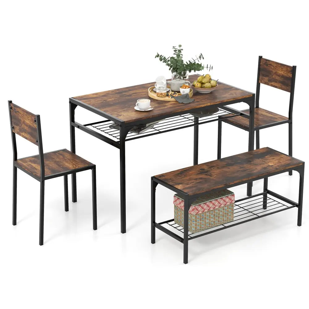 Industrial Style Rectangular Kitchen Table with Bench and Chairs-Rustic Brown - Rustic Brown - Dining Room Sets