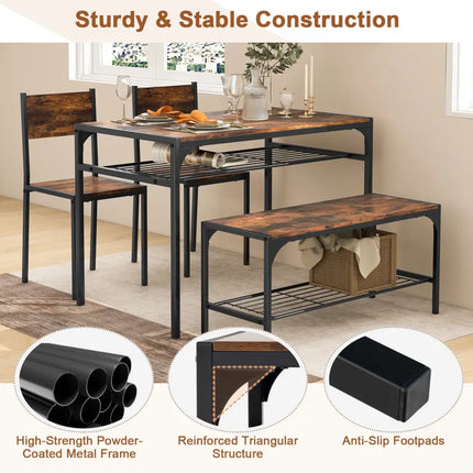 Industrial Style Rectangular Kitchen Table with Bench and Chairs-Rustic Brown - Rustic Brown - Dining Room Sets