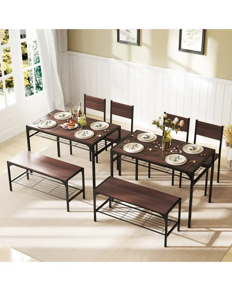 Industrial Style Rectangular Kitchen Table with Bench and Chairs-Walnut - Walnut - Dining Room Sets