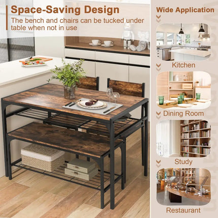 Industrial Style Rectangular Kitchen Table with Bench and Chairs-Rustic Brown - Rustic Brown - Dining Room Sets