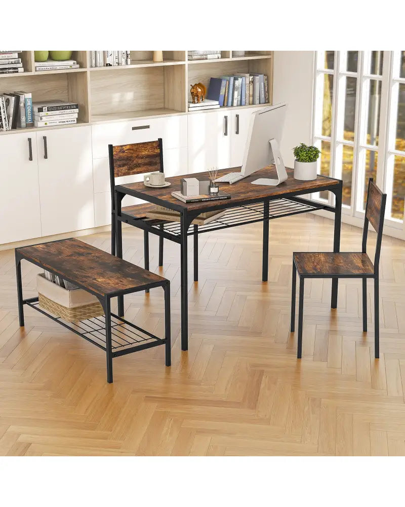 Industrial Style Rectangular Kitchen Table with Bench and Chairs-Rustic Brown - Rustic Brown - Dining Room Sets