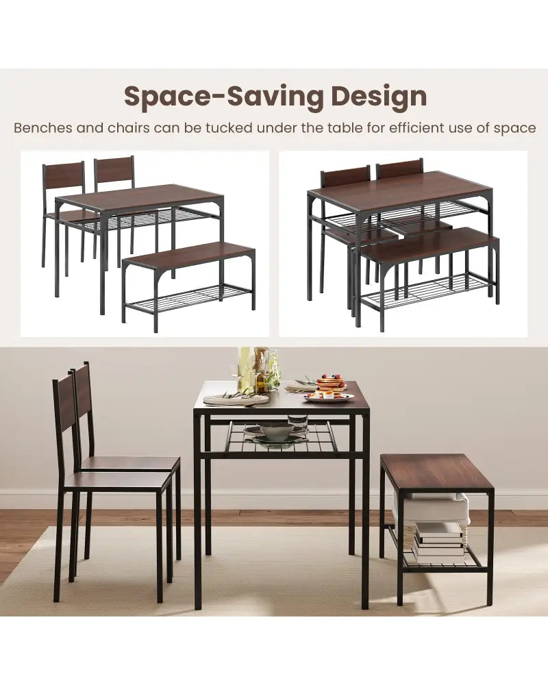 Industrial Style Rectangular Kitchen Table with Bench and Chairs-Walnut - Walnut - Dining Room Sets