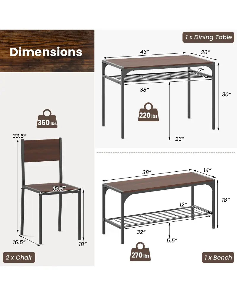 Industrial Style Rectangular Kitchen Table with Bench and Chairs-Walnut - Walnut - Dining Room Sets