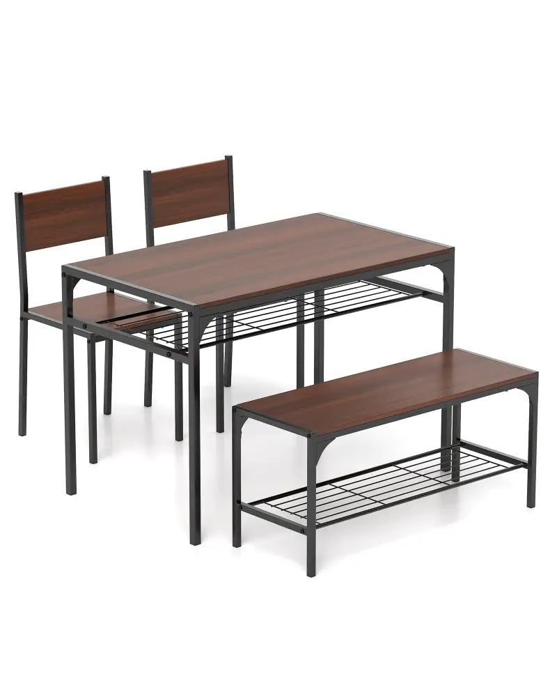 Industrial Style Rectangular Kitchen Table with Bench and Chairs-Walnut - Walnut - Dining Room Sets