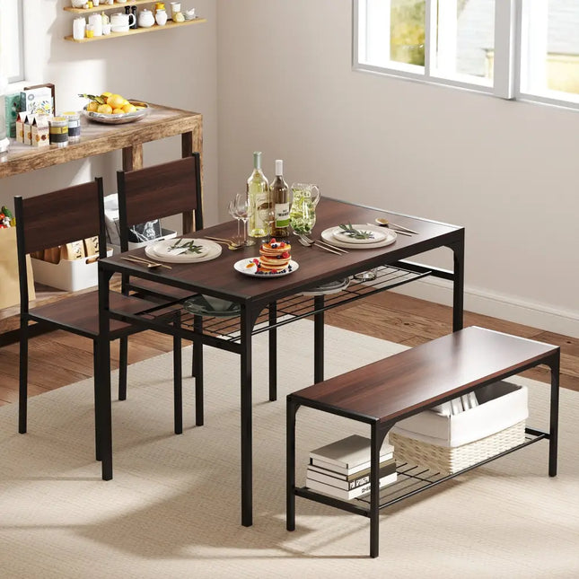 Industrial Style Rectangular Kitchen Table with Bench and Chairs-Walnut - Walnut - Dining Room Sets