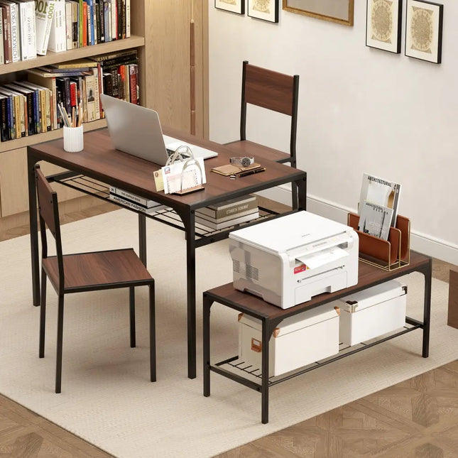 Industrial Style Rectangular Kitchen Table with Bench and Chairs-Walnut - Walnut - Dining Room Sets