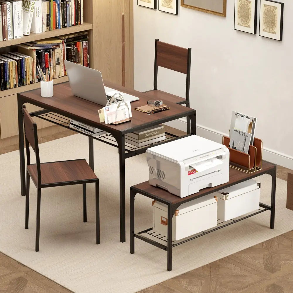 Industrial Style Rectangular Kitchen Table with Bench and Chairs-Walnut - Walnut - Dining Room Sets