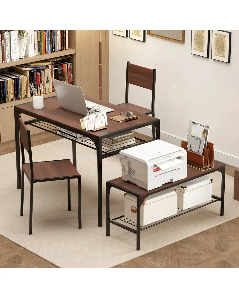 Industrial Style Rectangular Kitchen Table with Bench and Chairs-Walnut - Walnut - Dining Room Sets