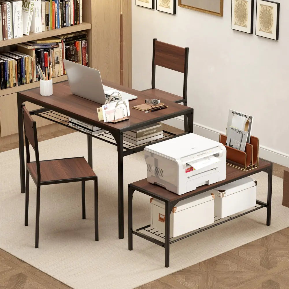 Industrial Style Rectangular Kitchen Table with Bench and Chairs-Walnut - Walnut - Dining Room Sets