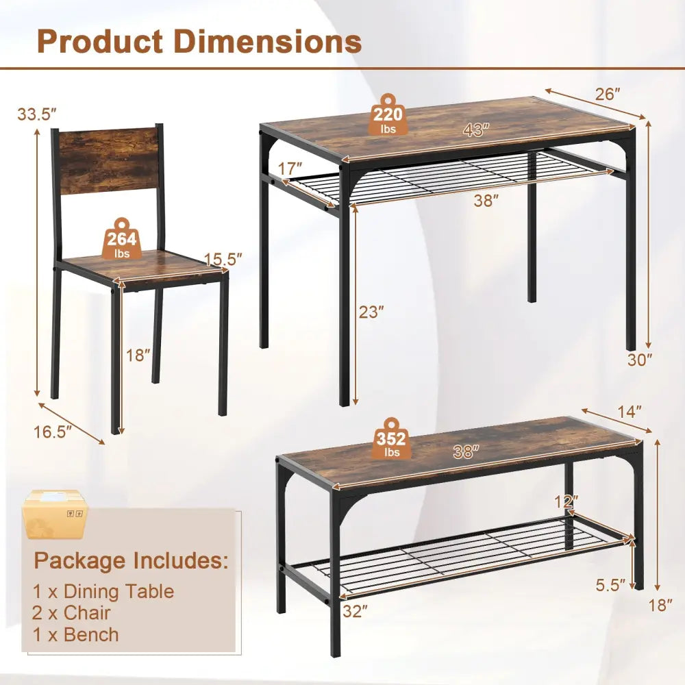 Industrial Style Rectangular Kitchen Table with Bench and Chairs-Rustic Brown - Rustic Brown - Dining Room Sets