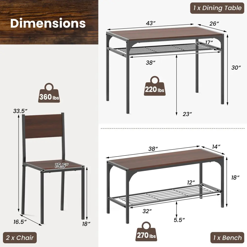 Industrial Style Rectangular Kitchen Table with Bench and Chairs-Walnut - Walnut - Dining Room Sets
