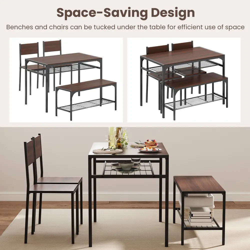 Industrial Style Rectangular Kitchen Table with Bench and Chairs-Walnut - Walnut - Dining Room Sets
