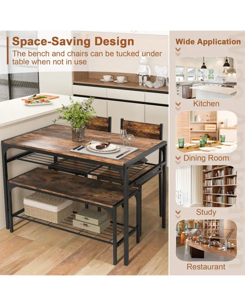 Industrial Style Rectangular Kitchen Table with Bench and Chairs-Rustic Brown - Rustic Brown - Dining Room Sets