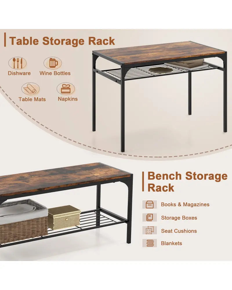 Industrial Style Rectangular Kitchen Table with Bench and Chairs-Rustic Brown - Rustic Brown - Dining Room Sets