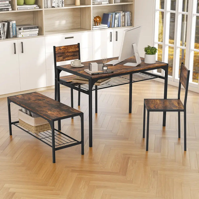 Industrial Style Rectangular Kitchen Table with Bench and Chairs-Rustic Brown - Rustic Brown - Dining Room Sets