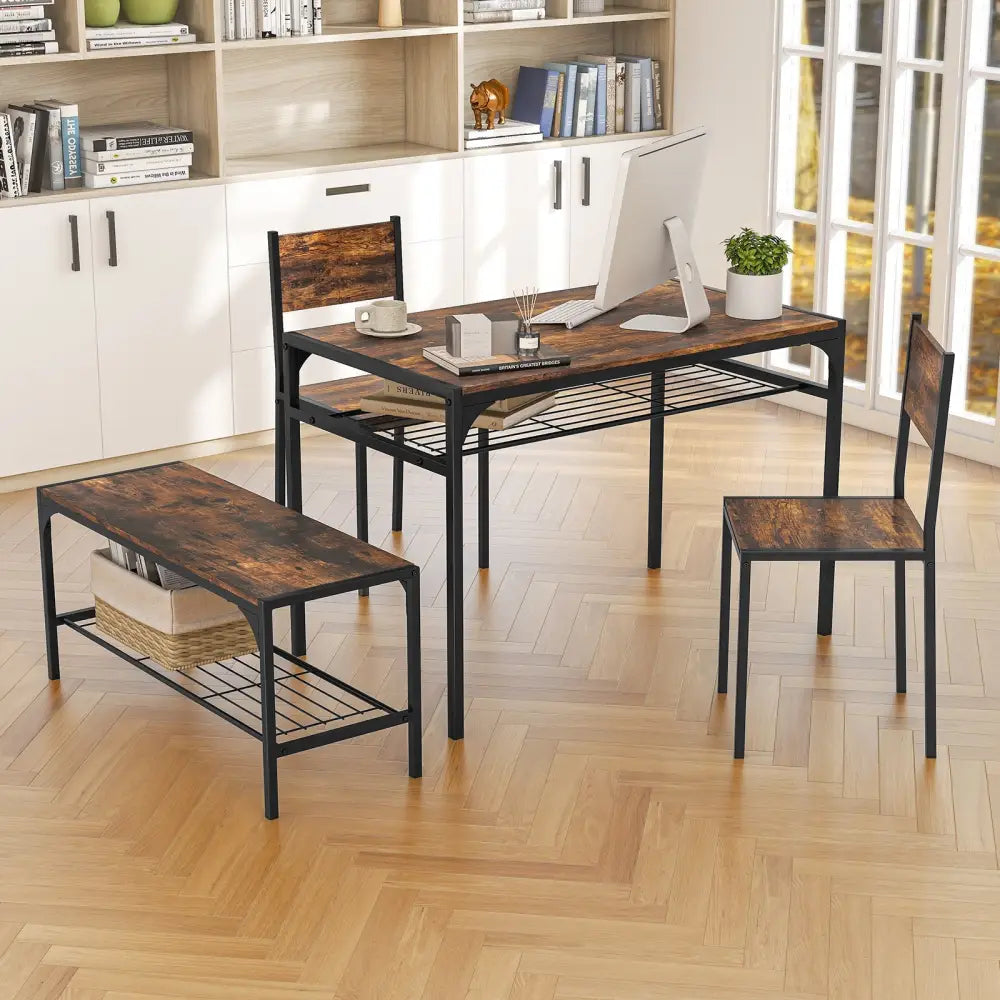 Industrial Style Rectangular Kitchen Table with Bench and Chairs-Rustic Brown - Rustic Brown - Dining Room Sets