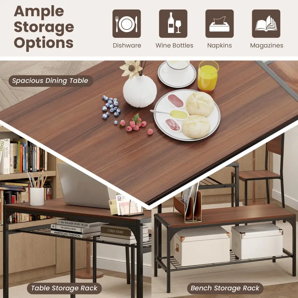 Industrial Style Rectangular Kitchen Table with Bench and Chairs-Walnut - Walnut - Dining Room Sets