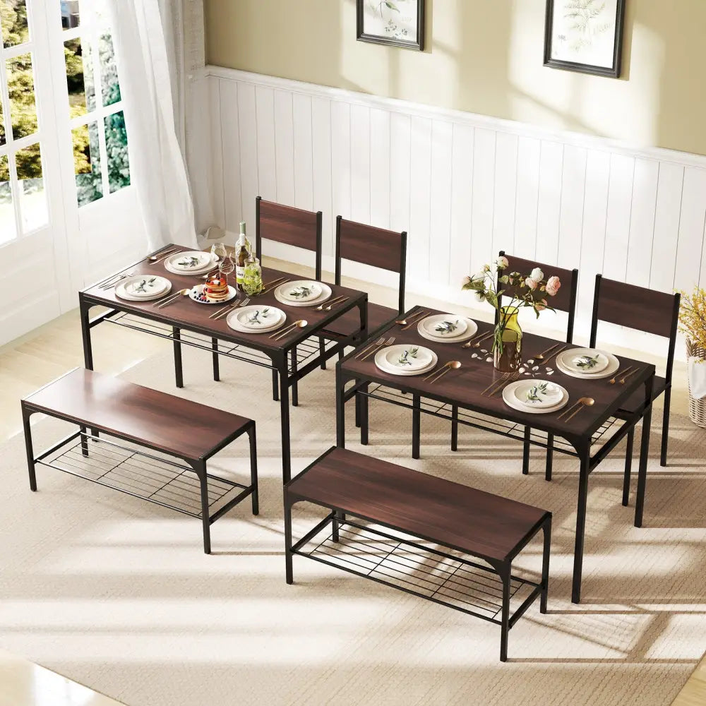 Industrial Style Rectangular Kitchen Table with Bench and Chairs-Walnut - Walnut - Dining Room Sets