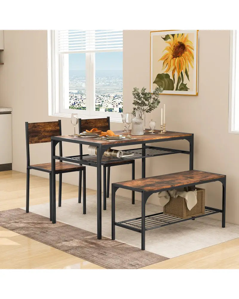 Industrial Style Rectangular Kitchen Table with Bench and Chairs-Rustic Brown - Rustic Brown - Dining Room Sets