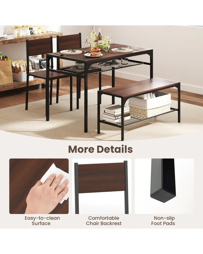 Industrial Style Rectangular Kitchen Table with Bench and Chairs-Walnut - Walnut - Dining Room Sets