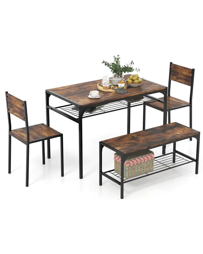 Industrial Style Rectangular Kitchen Table with Bench and Chairs-Rustic Brown - Rustic Brown - Dining Room Sets