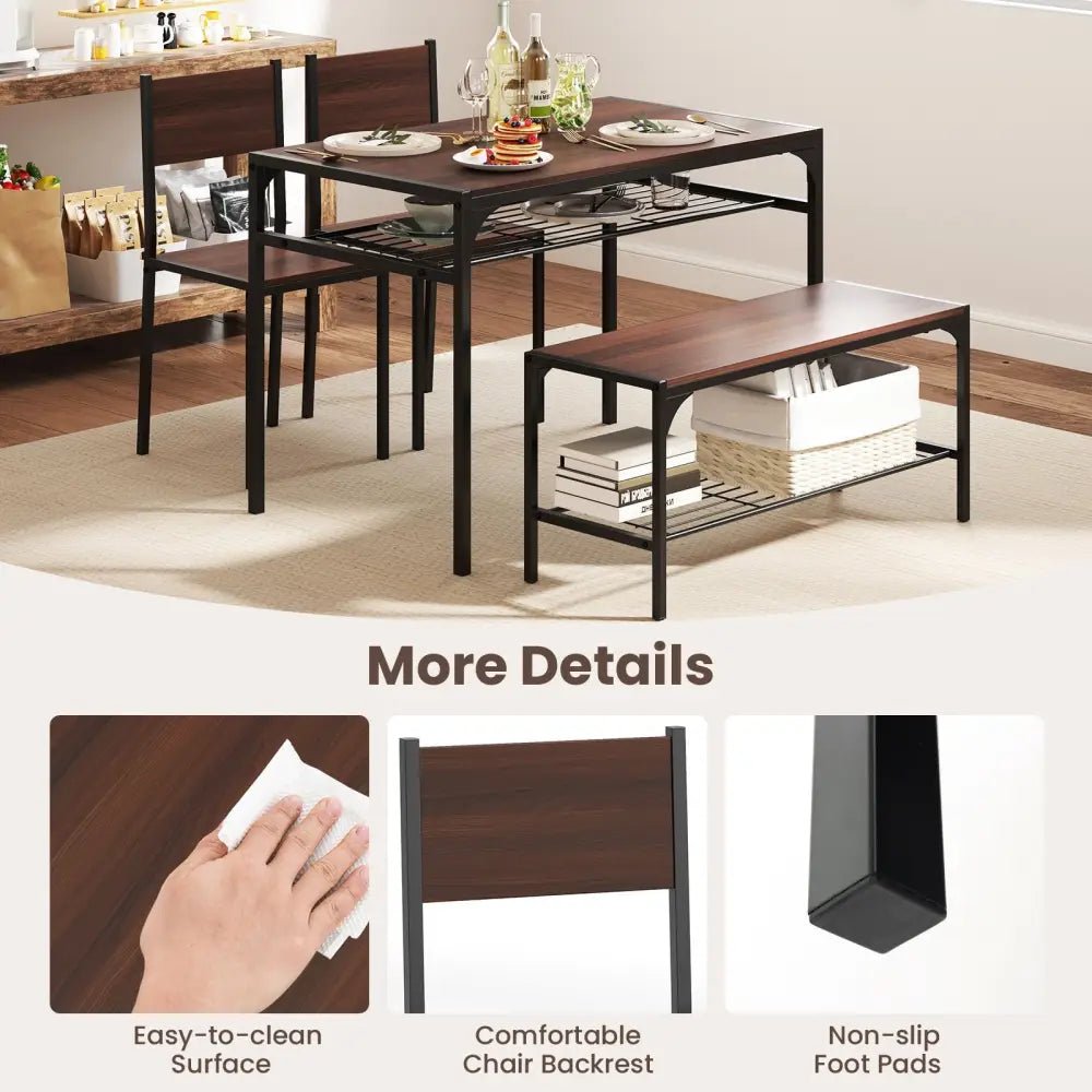 Industrial Style Rectangular Kitchen Table with Bench and Chairs-Walnut - Walnut - Dining Room Sets