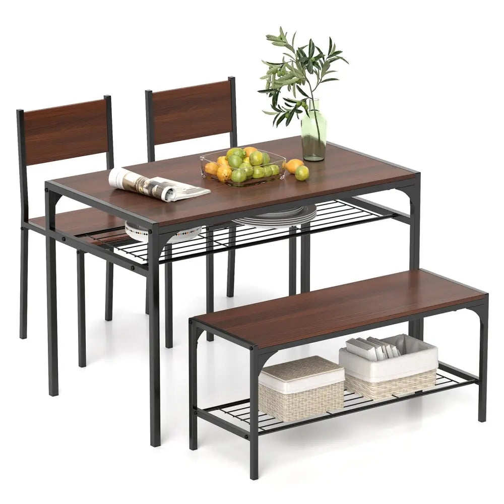 Industrial Style Rectangular Kitchen Table with Bench and Chairs-Walnut - Walnut - Dining Room Sets