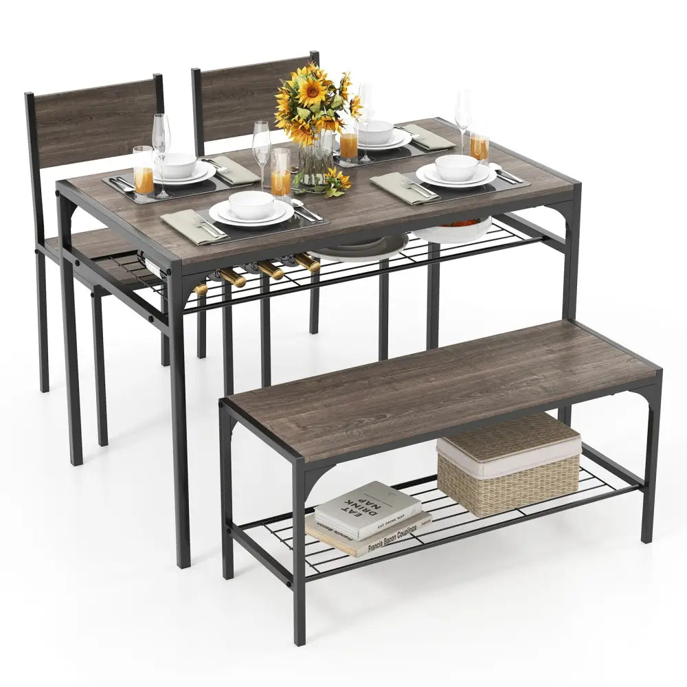 Industrial Style Rectangular Kitchen Table with Bench and Chairs-Gray - Gray - Dining Room Sets