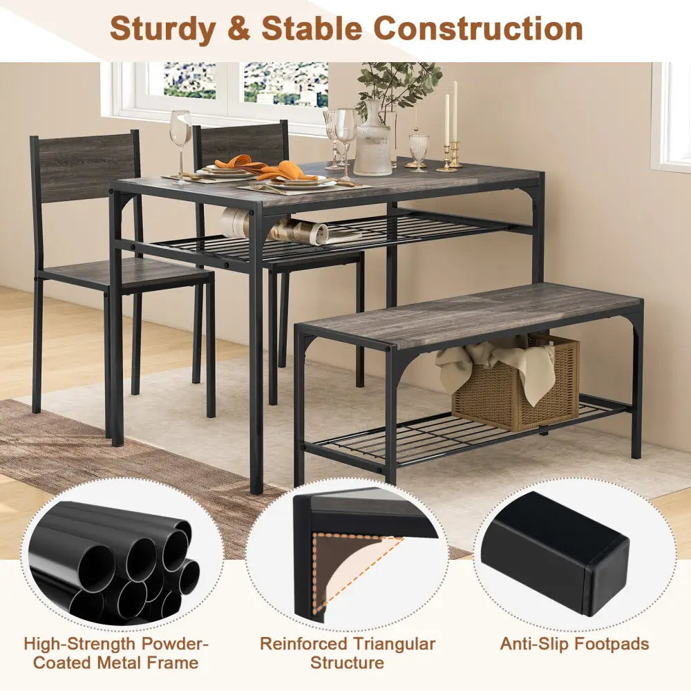 Industrial Style Rectangular Kitchen Table with Bench and Chairs-Gray - Gray - Dining Room Sets