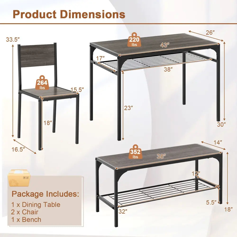 Industrial Style Rectangular Kitchen Table with Bench and Chairs-Gray - Gray - Dining Room Sets