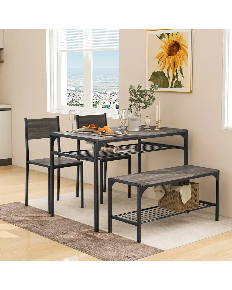 Industrial Style Rectangular Kitchen Table with Bench and Chairs-Gray - Gray - Dining Room Sets