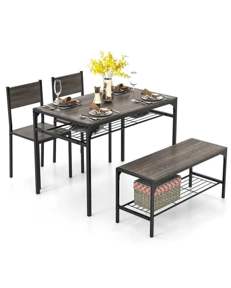 Industrial Style Rectangular Kitchen Table with Bench and Chairs-Gray - Gray - Dining Room Sets