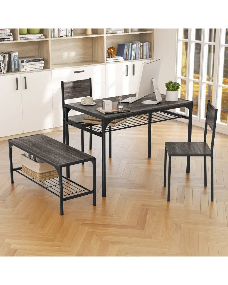 Industrial Style Rectangular Kitchen Table with Bench and Chairs-Gray - Gray - Dining Room Sets