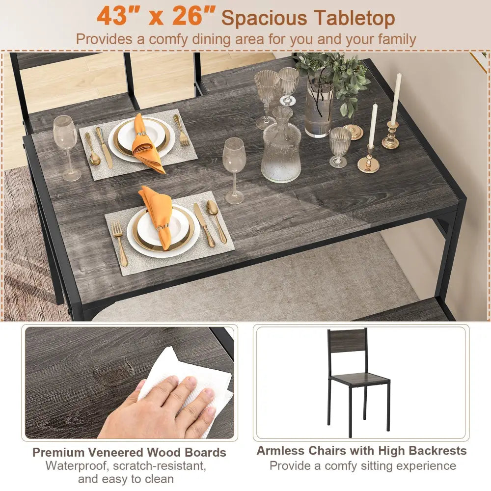 Industrial Style Rectangular Kitchen Table with Bench and Chairs-Gray - Gray - Dining Room Sets