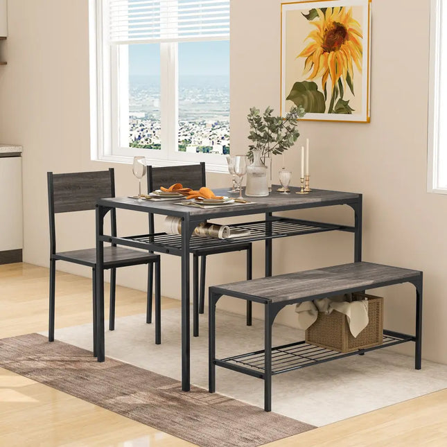 Industrial Style Rectangular Kitchen Table with Bench and Chairs-Gray - Gray - Dining Room Sets