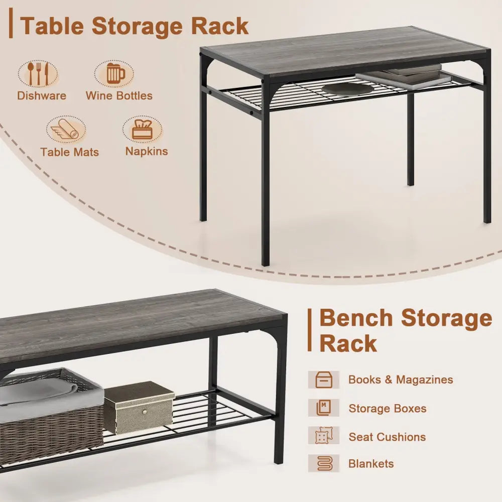 Industrial Style Rectangular Kitchen Table with Bench and Chairs-Gray - Gray - Dining Room Sets