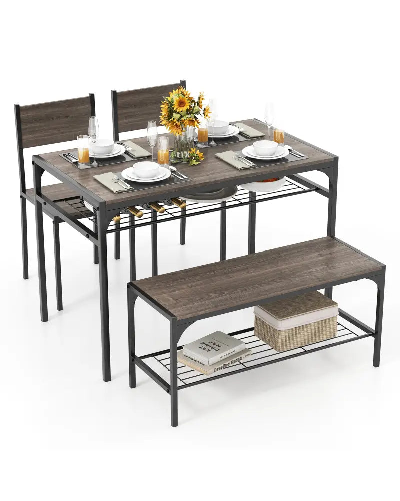 Industrial Style Rectangular Kitchen Table with Bench and Chairs-Gray - Gray - Dining Room Sets