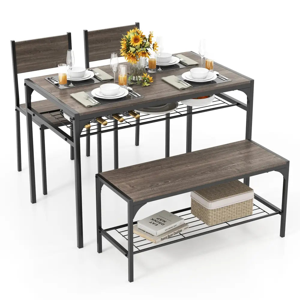 Industrial Style Rectangular Kitchen Table with Bench and Chairs-Gray - Gray - Dining Room Sets
