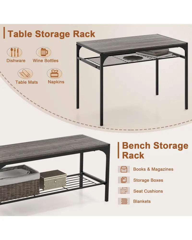 Industrial Style Rectangular Kitchen Table with Bench and Chairs-Gray - Gray - Dining Room Sets