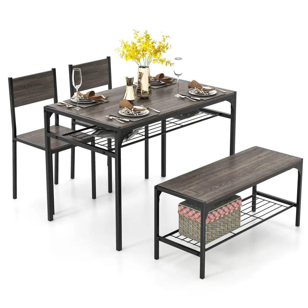 Industrial Style Rectangular Kitchen Table with Bench and Chairs-Gray - Gray - Dining Room Sets