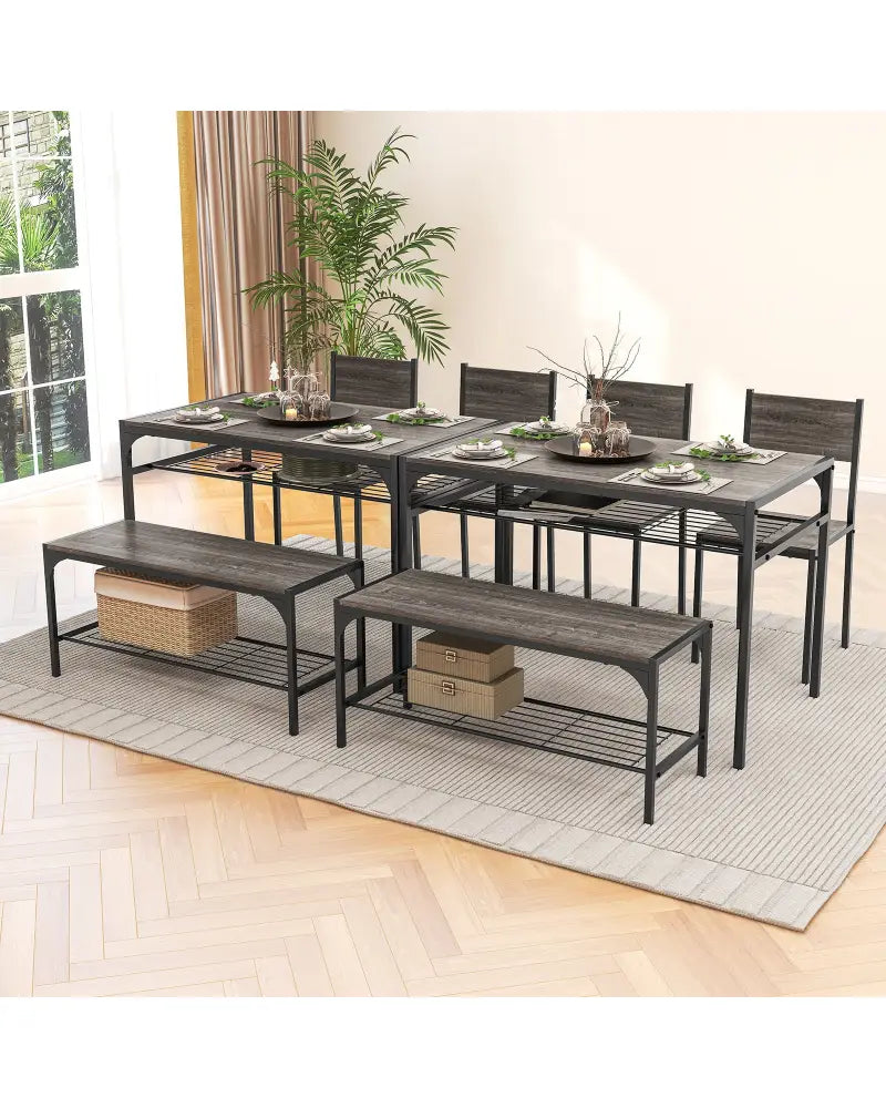 Industrial Style Rectangular Kitchen Table with Bench and Chairs-Gray - Gray - Dining Room Sets