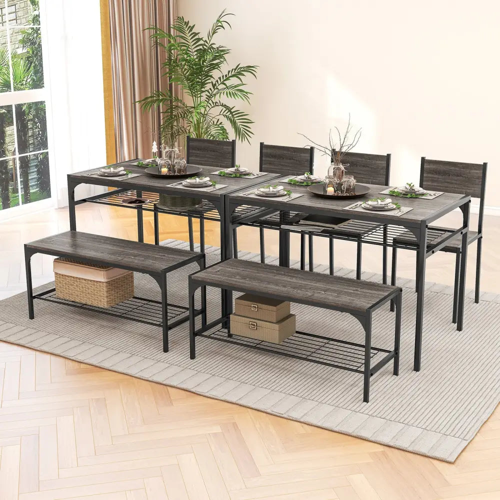 Industrial Style Rectangular Kitchen Table with Bench and Chairs-Gray - Gray - Dining Room Sets
